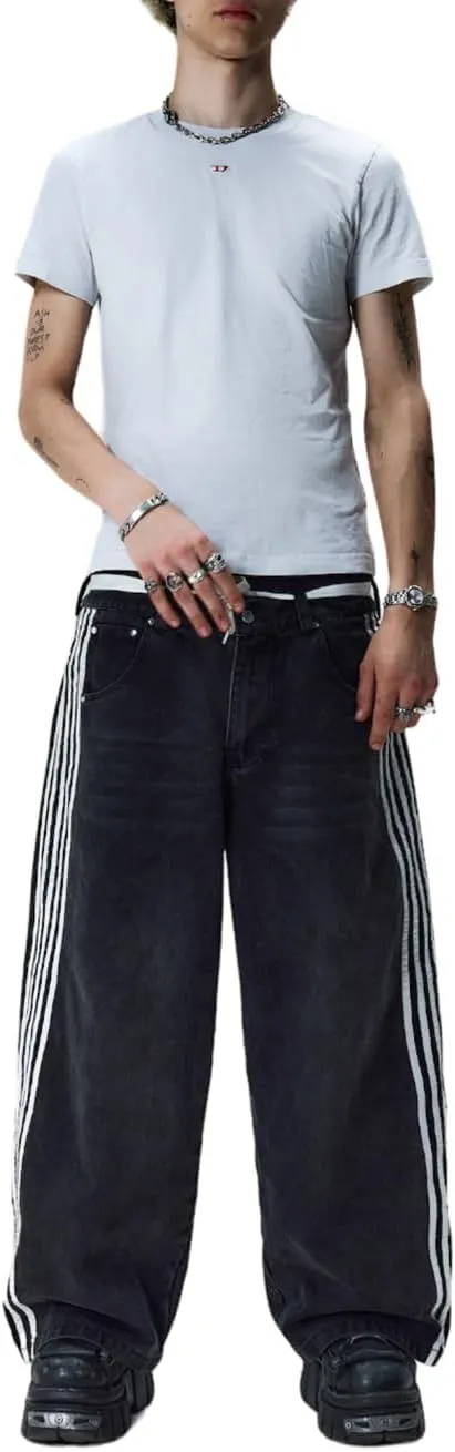 Mxiqqpltky Womens Wide Leg Jeans High Waist Boyfriend Denim Pants Side Striped Print Straight Baggy Mom Jeans Y2k Streetwear