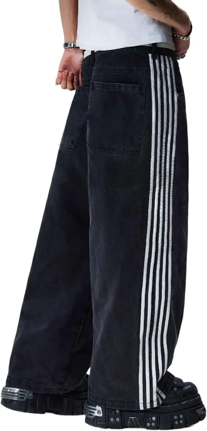 Mxiqqpltky Womens Wide Leg Jeans High Waist Boyfriend Denim Pants Side Striped Print Straight Baggy Mom Jeans Y2k Streetwear