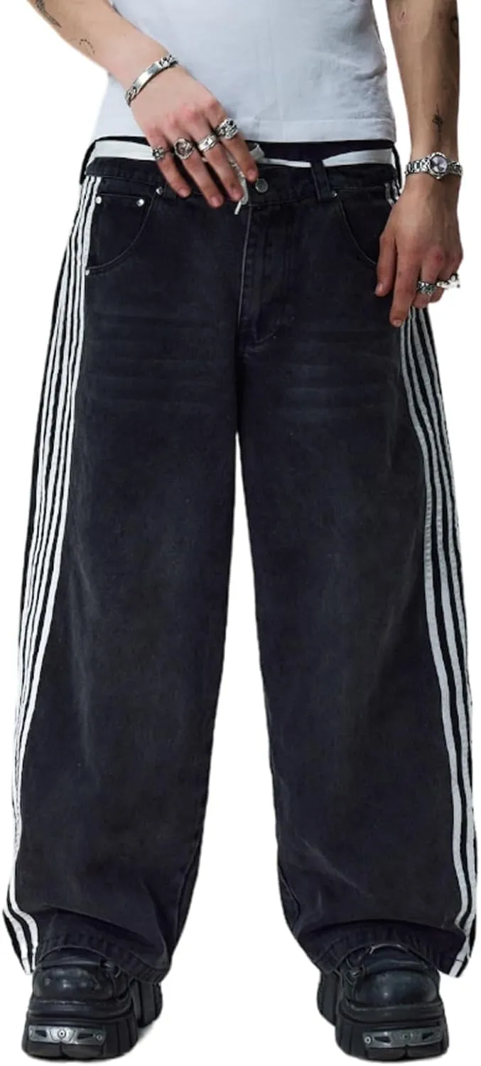 Mxiqqpltky Womens Wide Leg Jeans High Waist Boyfriend Denim Pants Side Striped Print Straight Baggy Mom Jeans Y2k Streetwear