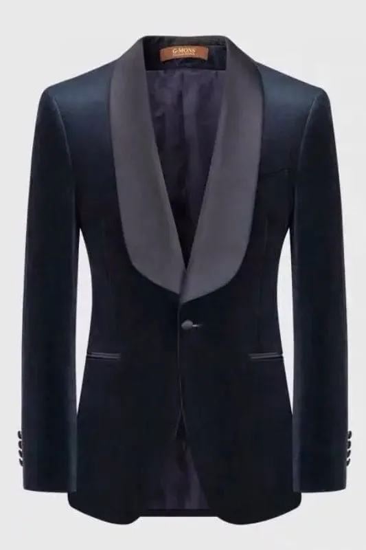 Navy Blue Shawl Lapel Single-Breasted Formal Velvet Wedding Suits Two Piece Wedding Goom Suits