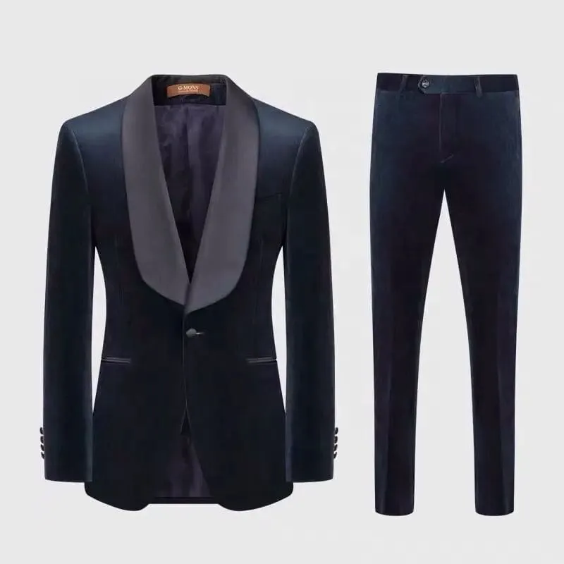 Navy Blue Shawl Lapel Single-Breasted Formal Velvet Wedding Suits Two Piece Wedding Goom Suits