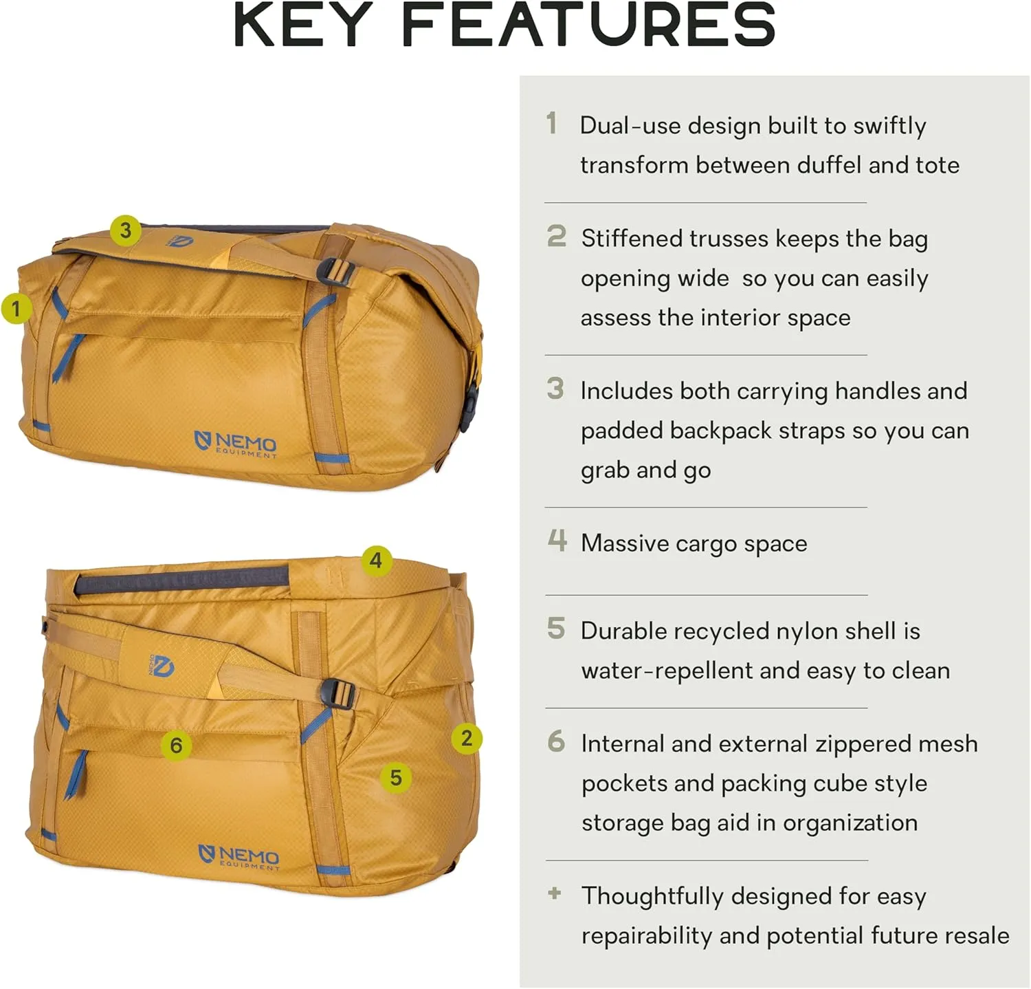 NEMO Equipment Double Haul Convertible Duffel & Tote Bag  Water-Resistant Gear Bag with Backpack Straps - 55L - Chai