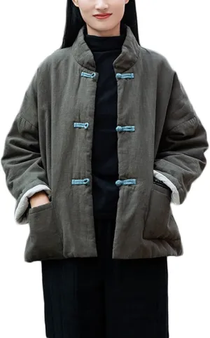 NFYM Women's Quilted Jacket Coat Outwear Stand Collar Buttons Down Tang Suit Jacket with High Low Pockets