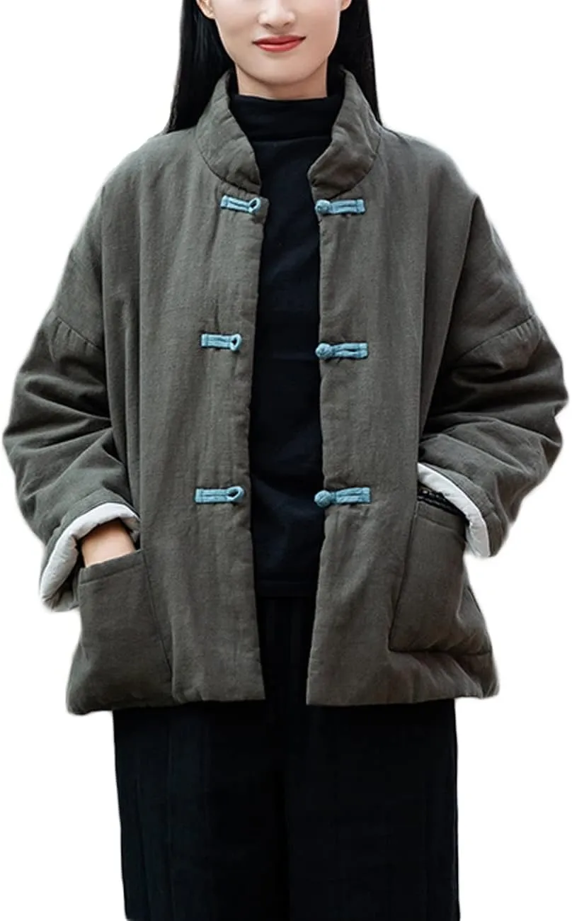 NFYM Women's Quilted Jacket Coat Outwear Stand Collar Buttons Down Tang Suit Jacket with High Low Pockets