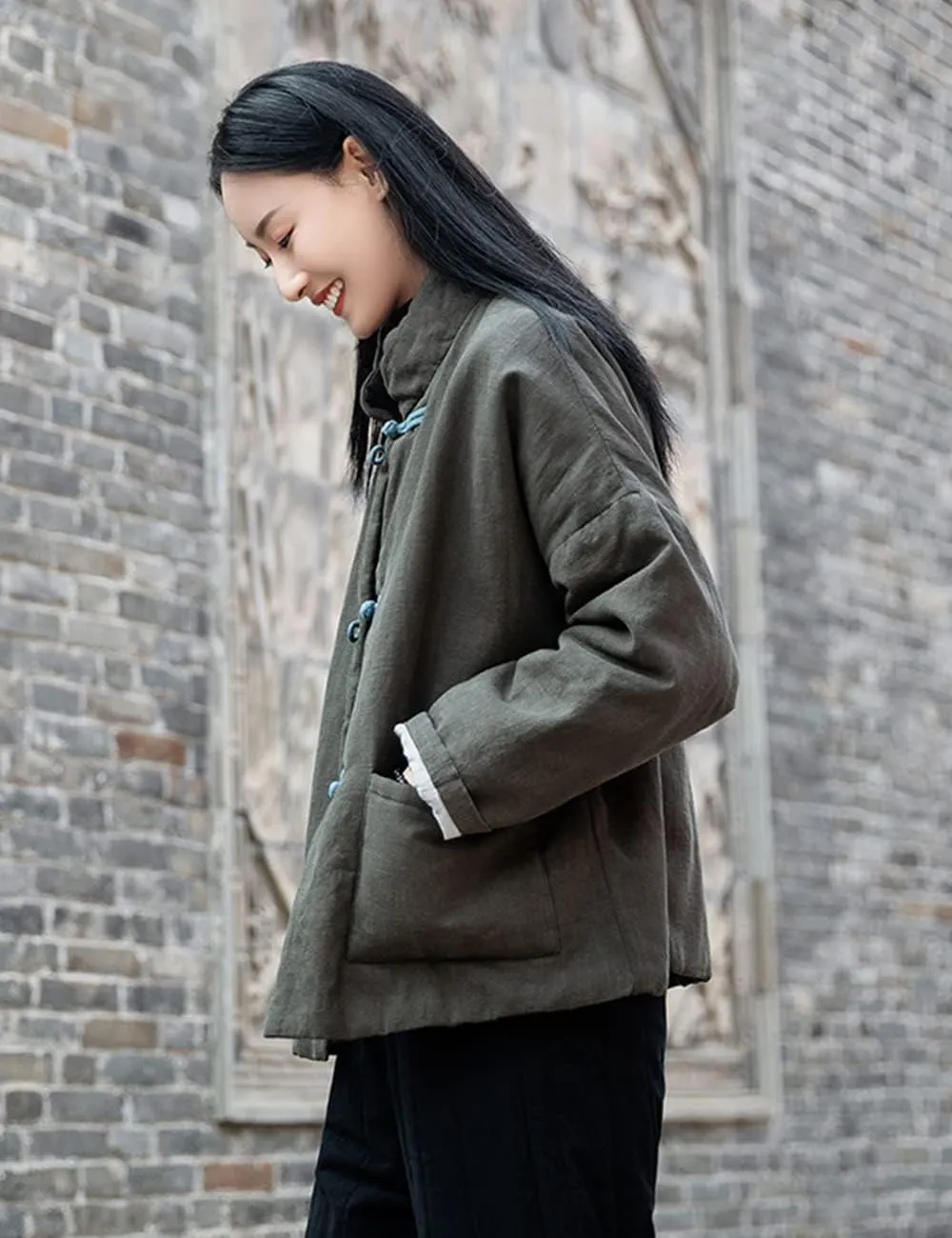 NFYM Women's Quilted Jacket Coat Outwear Stand Collar Buttons Down Tang Suit Jacket with High Low Pockets