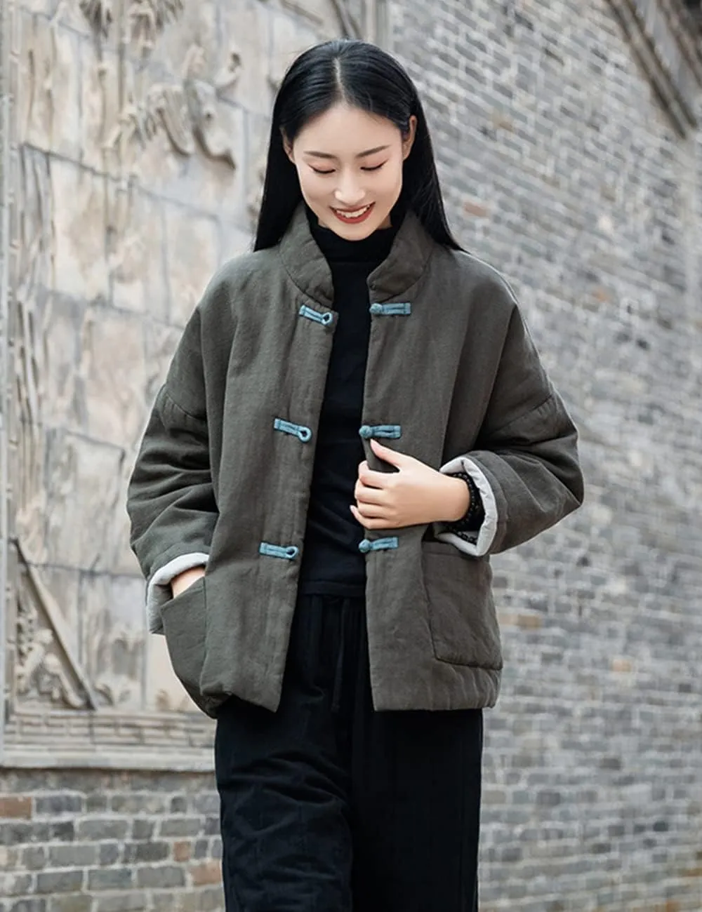 NFYM Women's Quilted Jacket Coat Outwear Stand Collar Buttons Down Tang Suit Jacket with High Low Pockets