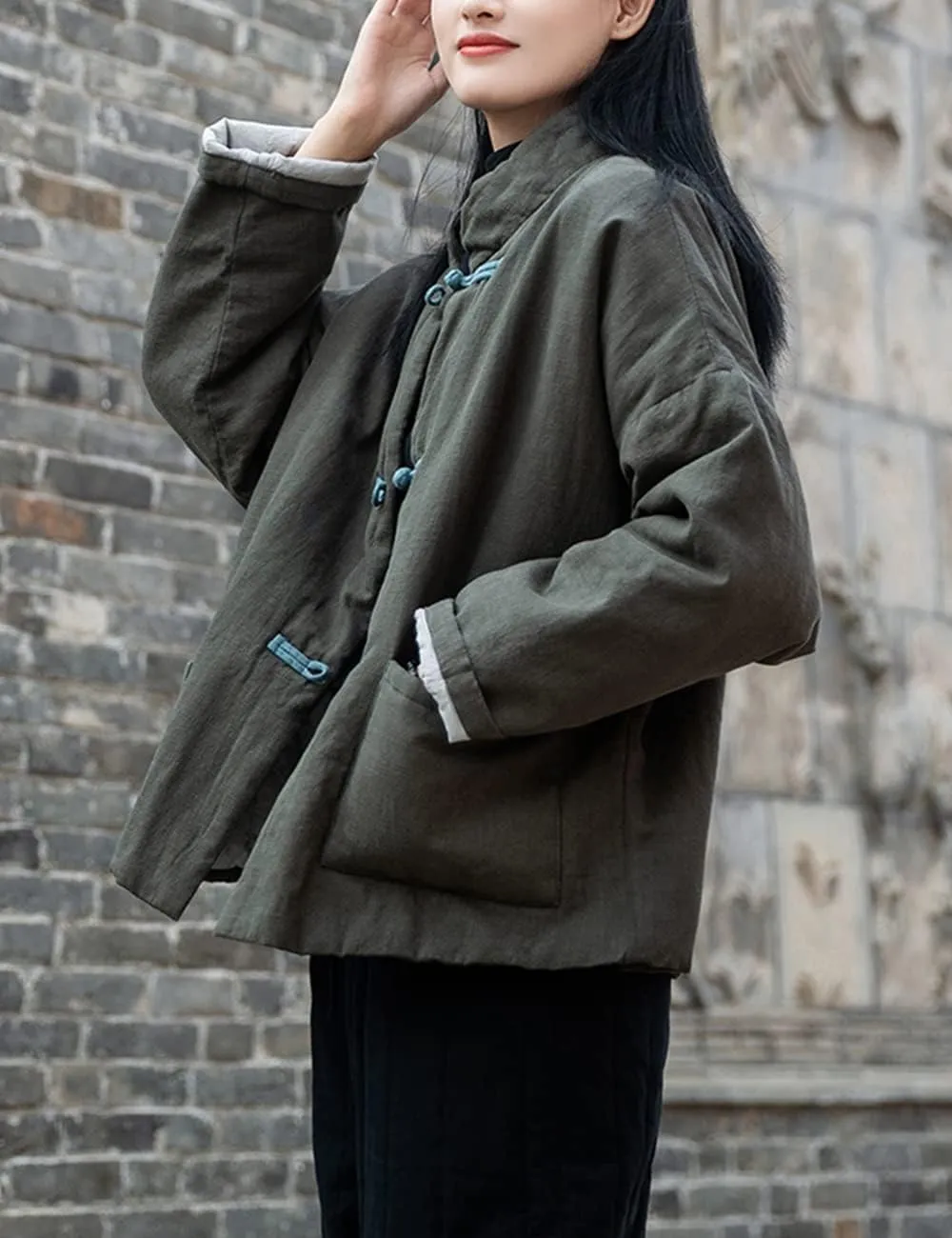 NFYM Women's Quilted Jacket Coat Outwear Stand Collar Buttons Down Tang Suit Jacket with High Low Pockets
