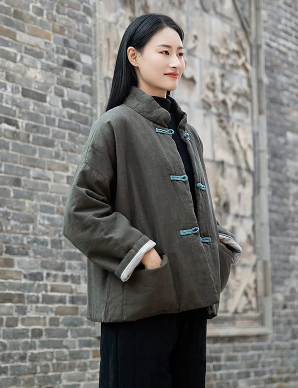 NFYM Women's Quilted Jacket Coat Outwear Stand Collar Buttons Down Tang Suit Jacket with High Low Pockets