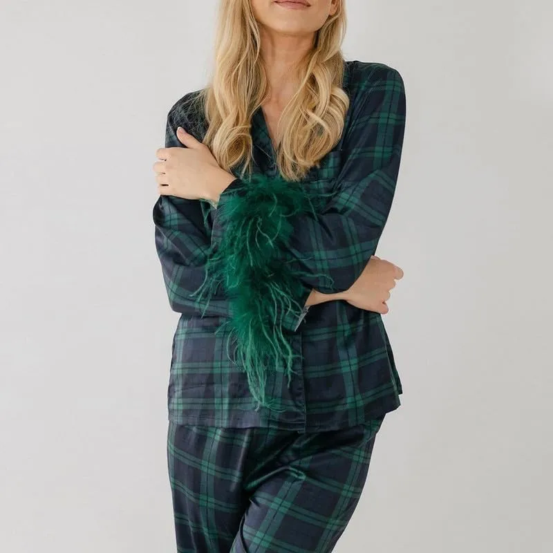 NUFIWI Christmas Plaid Feather Trim 2 Pieces Pajama Suits Button Up Long Sleeve Top with Pants Satin Festival Loungewear