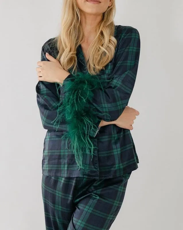 NUFIWI Christmas Plaid Feather Trim 2 Pieces Pajama Suits Button Up Long Sleeve Top with Pants Satin Festival Loungewear