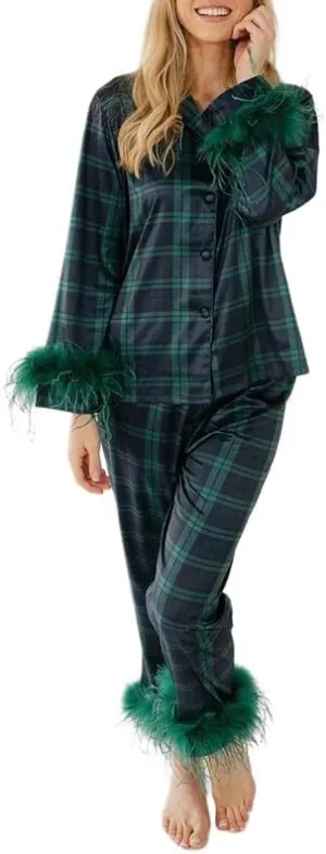 NUFIWI Christmas Plaid Feather Trim 2 Pieces Pajama Suits Button Up Long Sleeve Top with Pants Satin Festival Loungewear