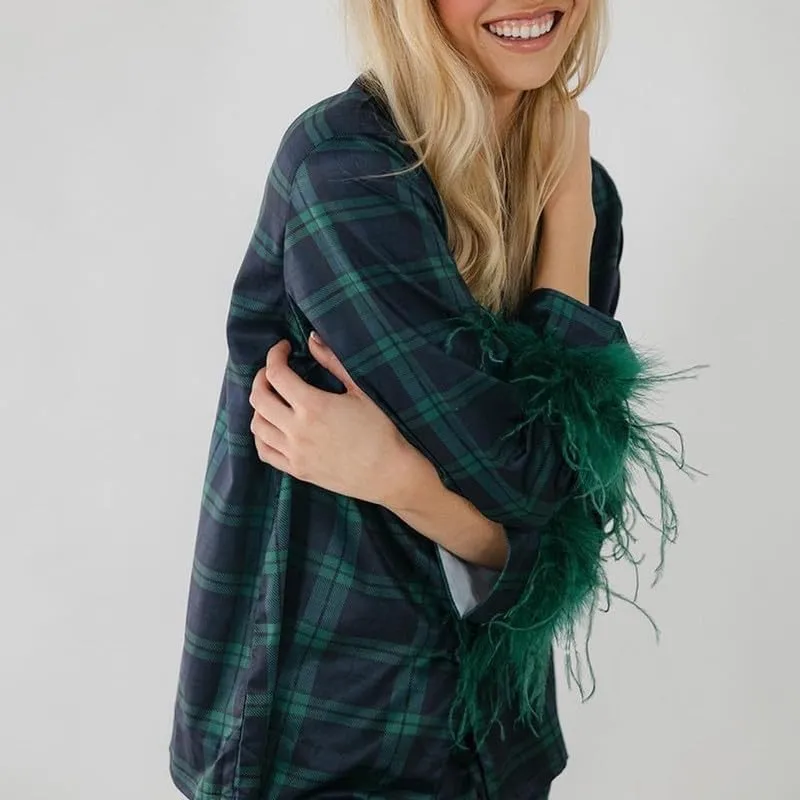 NUFIWI Christmas Plaid Feather Trim 2 Pieces Pajama Suits Button Up Long Sleeve Top with Pants Satin Festival Loungewear