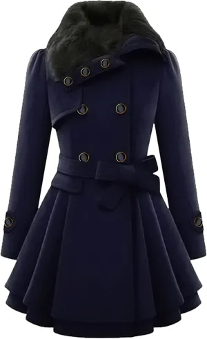 OMZIN Women's Long Shaggy Belted Pea Coat Slim Faux Fur Collar Coat Bridal Jacket with Belt