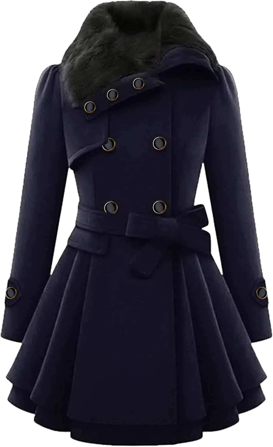 OMZIN Women's Long Shaggy Belted Pea Coat Slim Faux Fur Collar Coat Bridal Jacket with Belt