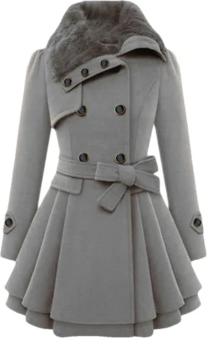 OMZIN Women's Long Shaggy Belted Pea Coat Slim Faux Fur Collar Coat Bridal Jacket with Belt