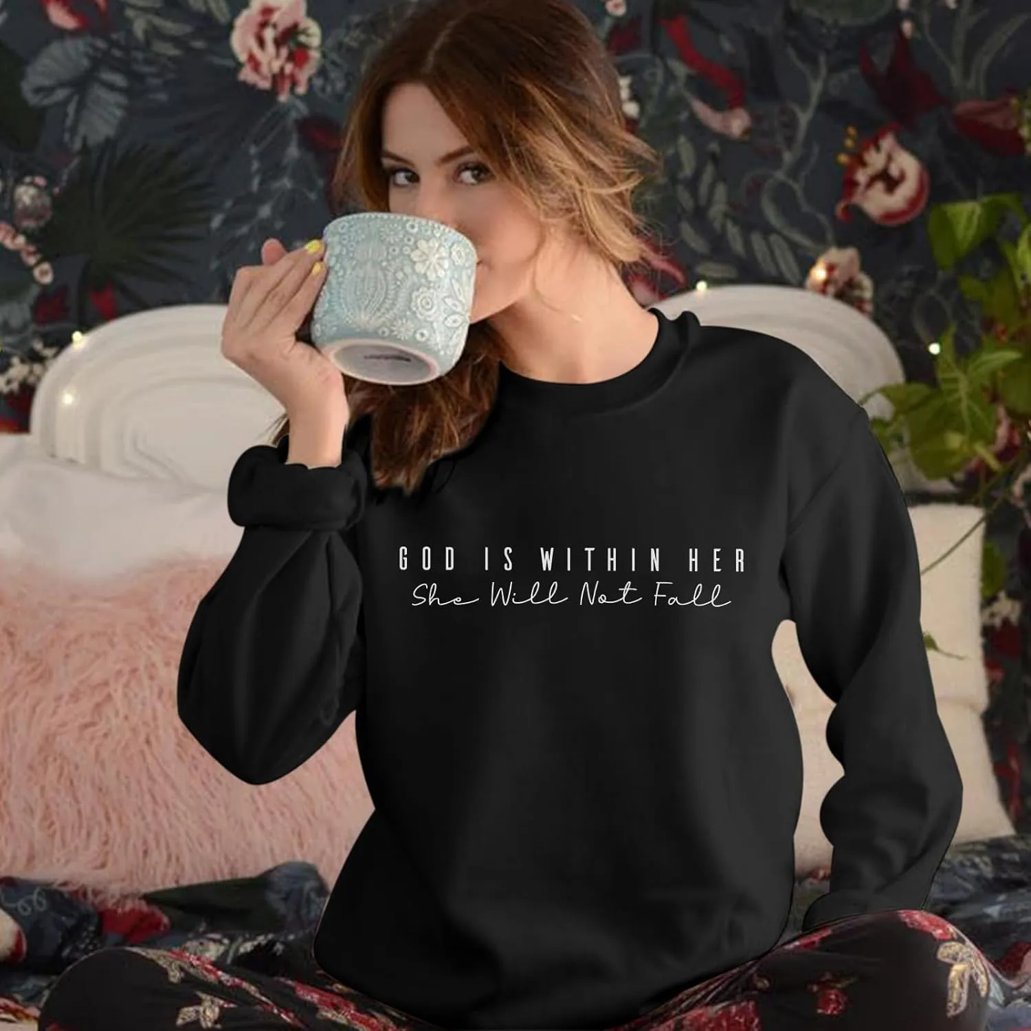 Oversized Christian Sweatshirts Women Faith Jesus Bible Verse Shirts God Is Within Her Inspirational Pullover Tops