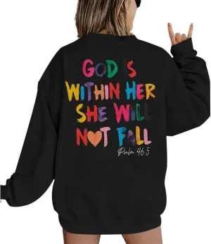 Oversized Christian Sweatshirts Women Faith Jesus Bible Verse Shirts God Is Within Her Inspirational Pullover Tops
