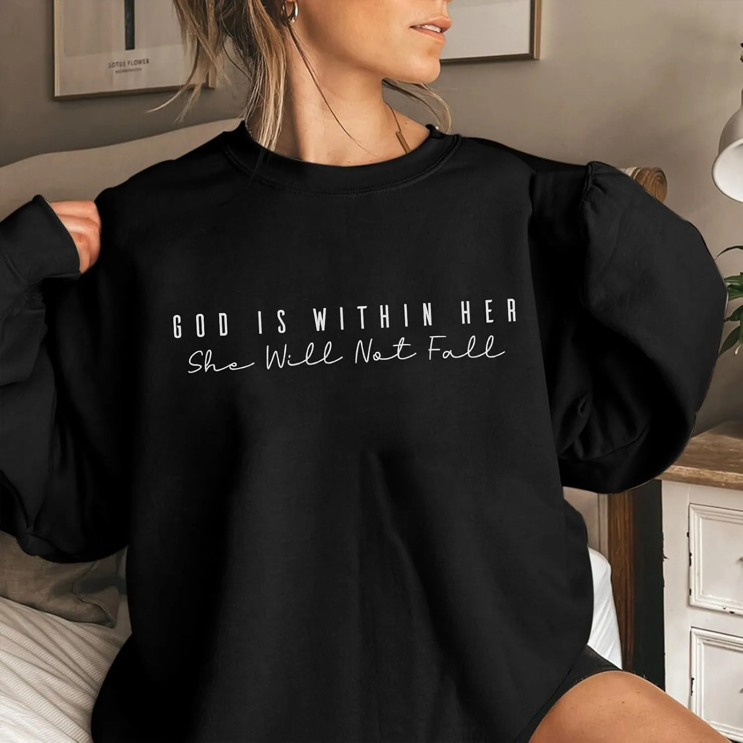 Oversized Christian Sweatshirts Women Faith Jesus Bible Verse Shirts God Is Within Her Inspirational Pullover Tops