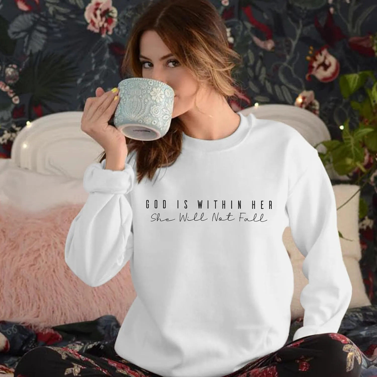Oversized Christian Sweatshirts Women Faith Jesus Bible Verse Shirts God Is Within Her Inspirational Pullover Tops