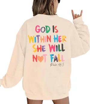 Oversized Christian Sweatshirts Women Faith Jesus Bible Verse Shirts God Is Within Her Inspirational Pullover Tops