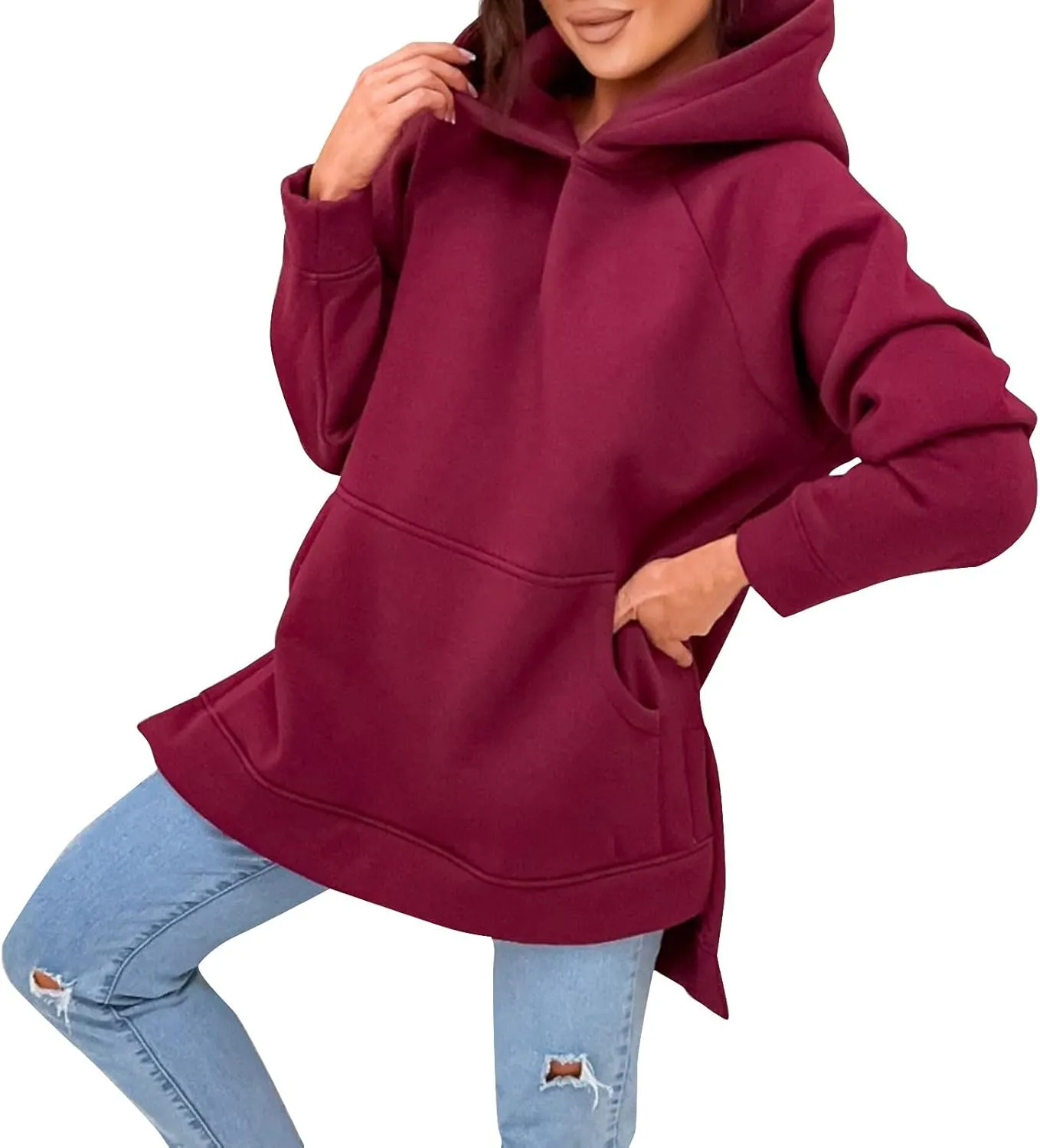 Oversized Hoodie Dress for Women Fleece Long Sleeve Plain Sweatshirt Side Slits Raglan Pullover Tops with Pockets
