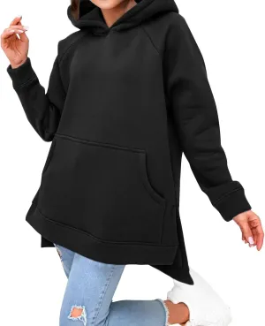 Oversized Hoodie Dress for Women Fleece Long Sleeve Plain Sweatshirt Side Slits Raglan Pullover Tops with Pockets