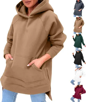 Oversized Hoodie Dress for Women Fleece Long Sleeve Plain Sweatshirt Side Slits Raglan Pullover Tops with Pockets