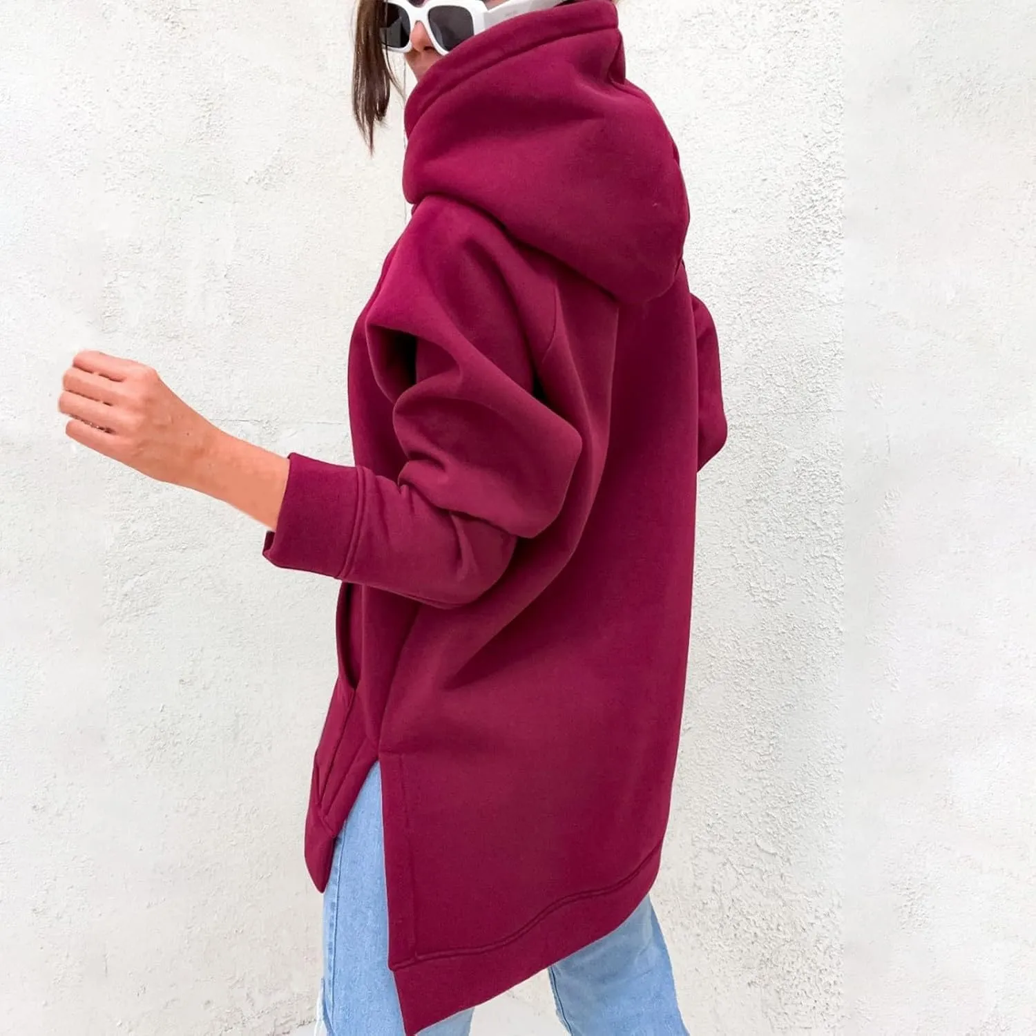 Oversized Hoodie Dress for Women Fleece Long Sleeve Plain Sweatshirt Side Slits Raglan Pullover Tops with Pockets