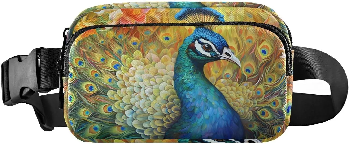 Painting Peacock Fanny Pack for Travel Hiking Water Resistant Waist Pack Sling Bag Purse for Women Men