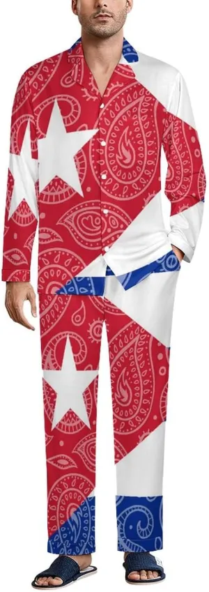 Paisley And Cuban Flag 2 PCS Men Pajama Set Long Sleeve Button-down Shirts Tops & Sleep Pants Loungewear