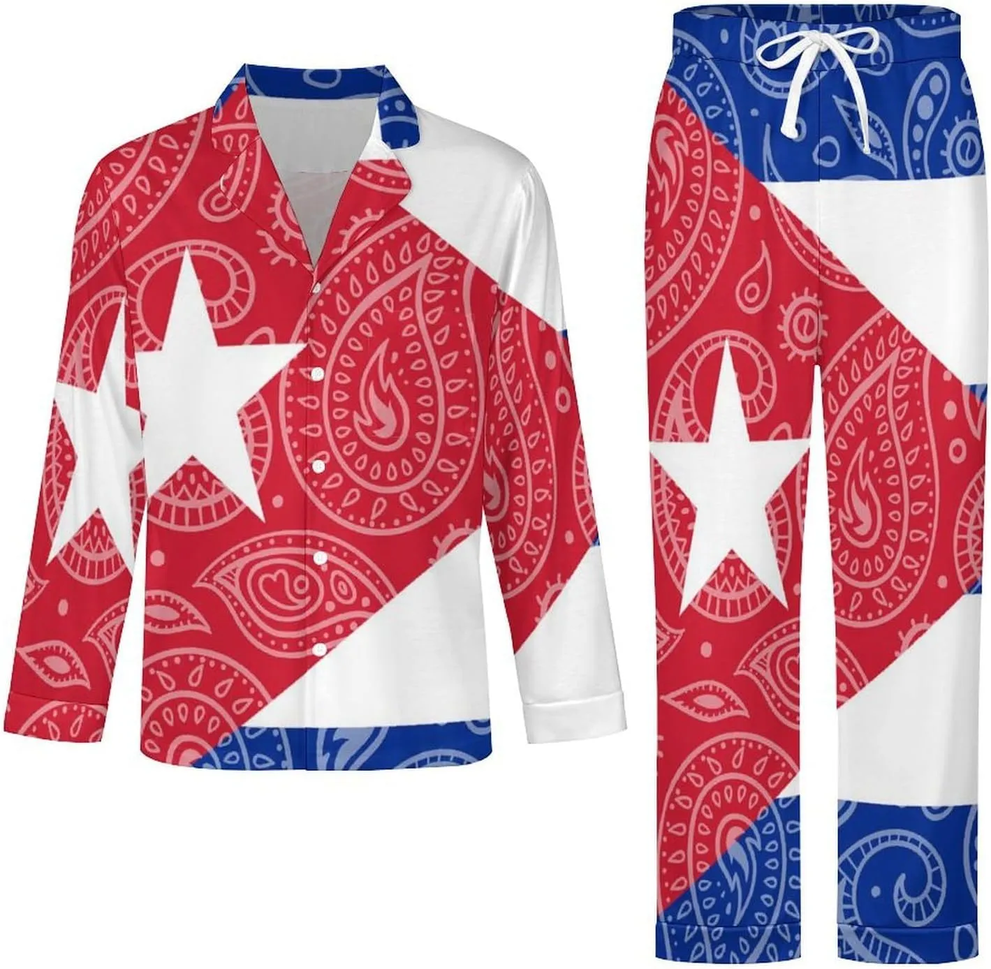 Paisley And Cuban Flag 2 PCS Men Pajama Set Long Sleeve Button-down Shirts Tops & Sleep Pants Loungewear