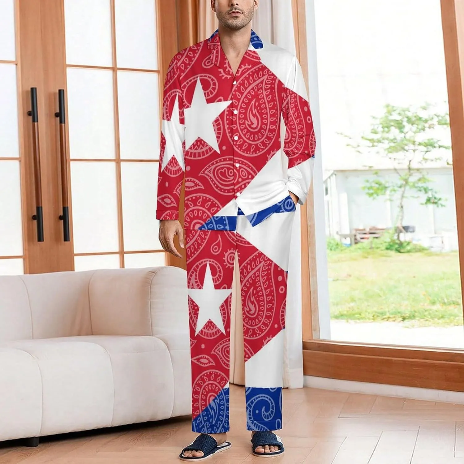 Paisley And Cuban Flag 2 PCS Men Pajama Set Long Sleeve Button-down Shirts Tops & Sleep Pants Loungewear