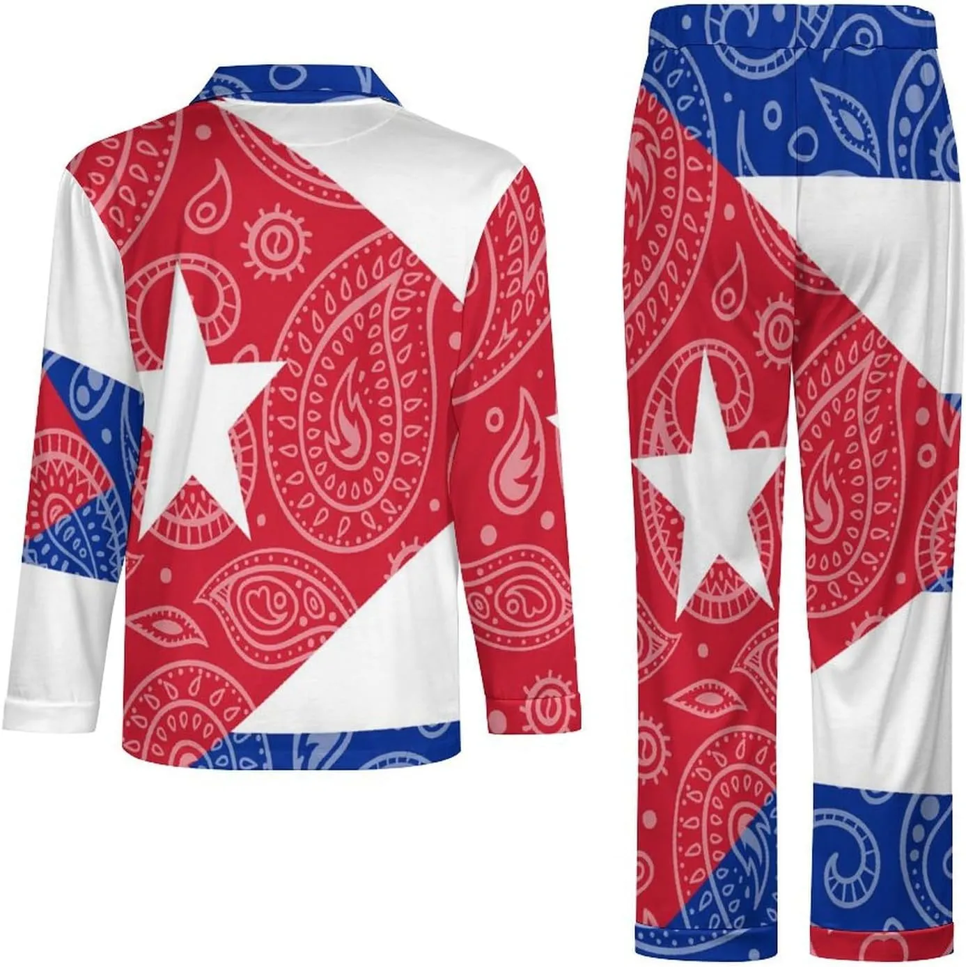 Paisley And Cuban Flag 2 PCS Men Pajama Set Long Sleeve Button-down Shirts Tops & Sleep Pants Loungewear