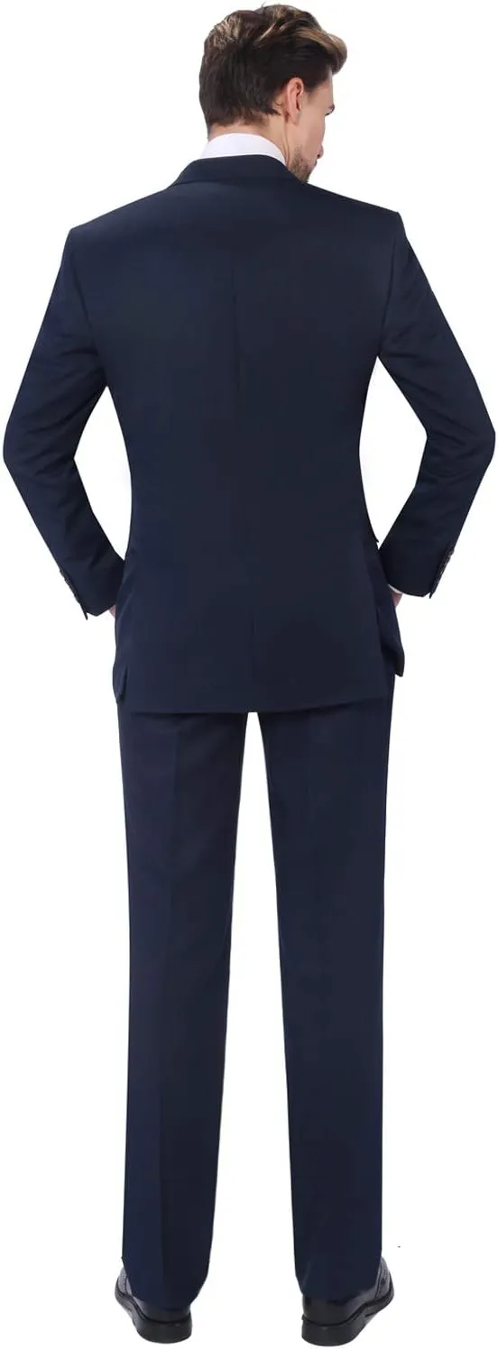 P&L Men's Slim Fit Wool Blend 2-Piece Suits Single Breasted 2 Button Dress Flat Front Pants Set