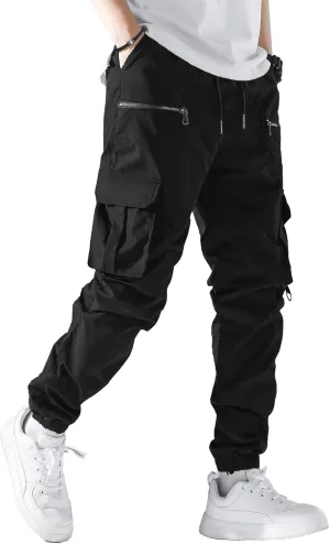 PLEPAN Men's Casual Cargo Pants Elastic Waist Drawstring Joggers Pants Tapered Sweatpants for Men Multi Pockets