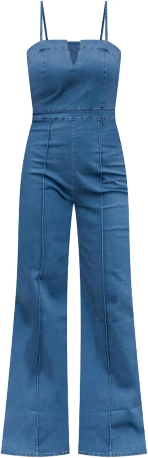 PLNOTME Womens Denim Jumpsuit Cute V Neck Spaghetti Straps Zip up Curvy Jeans Long Pants Rompers