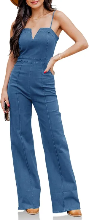 PLNOTME Womens Denim Jumpsuit Cute V Neck Spaghetti Straps Zip up Curvy Jeans Long Pants Rompers