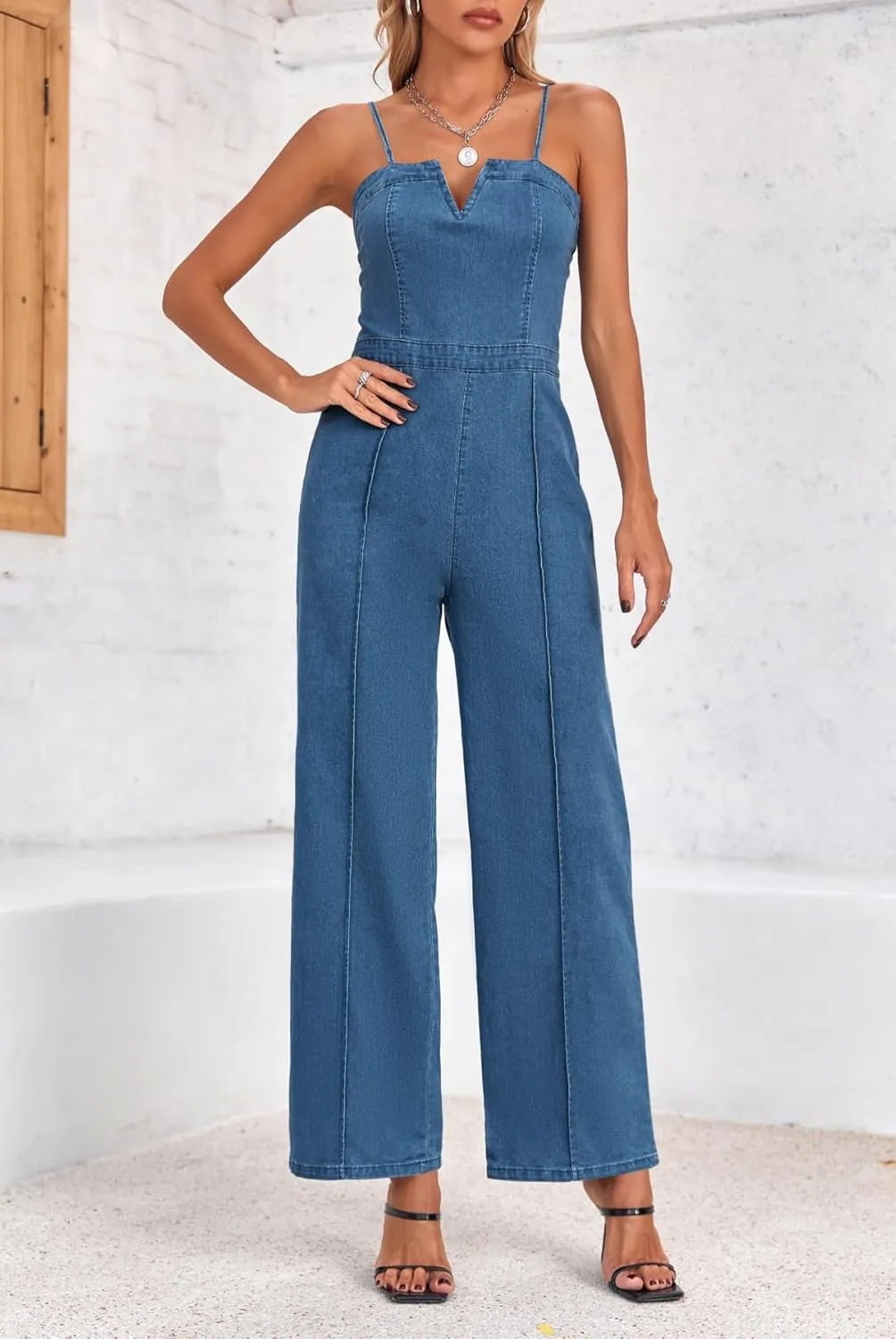 PLNOTME Womens Denim Jumpsuit Cute V Neck Spaghetti Straps Zip up Curvy Jeans Long Pants Rompers