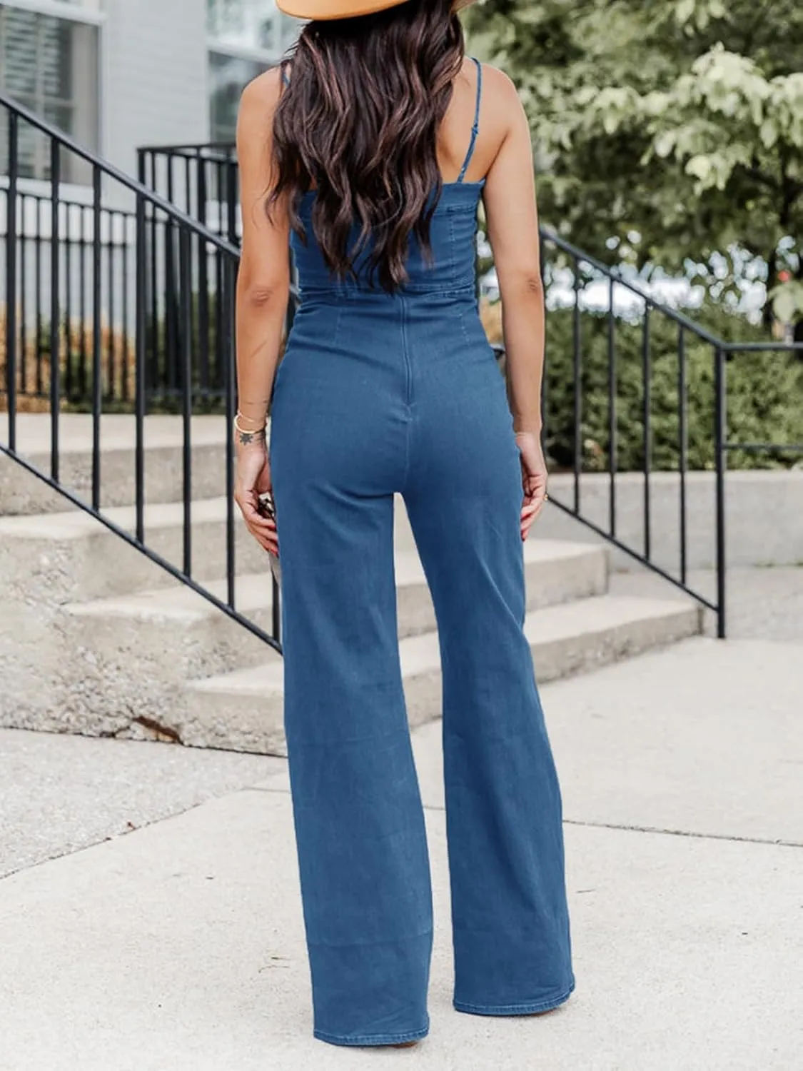 PLNOTME Womens Denim Jumpsuit Cute V Neck Spaghetti Straps Zip up Curvy Jeans Long Pants Rompers