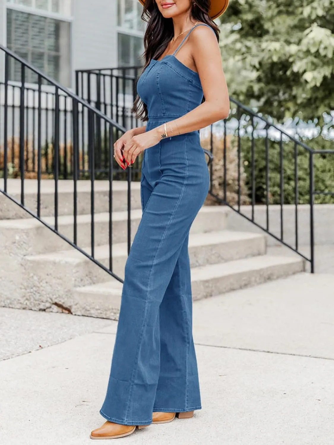 PLNOTME Womens Denim Jumpsuit Cute V Neck Spaghetti Straps Zip up Curvy Jeans Long Pants Rompers