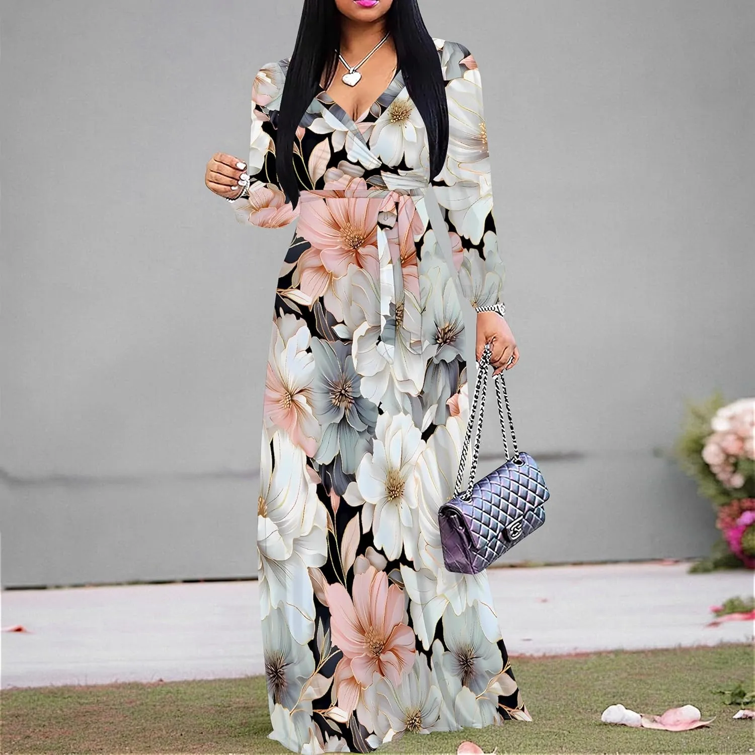 Plus Size Dresses for Women Floral Print Maxi Dress Flowy 3/4 Sleeve with Belt