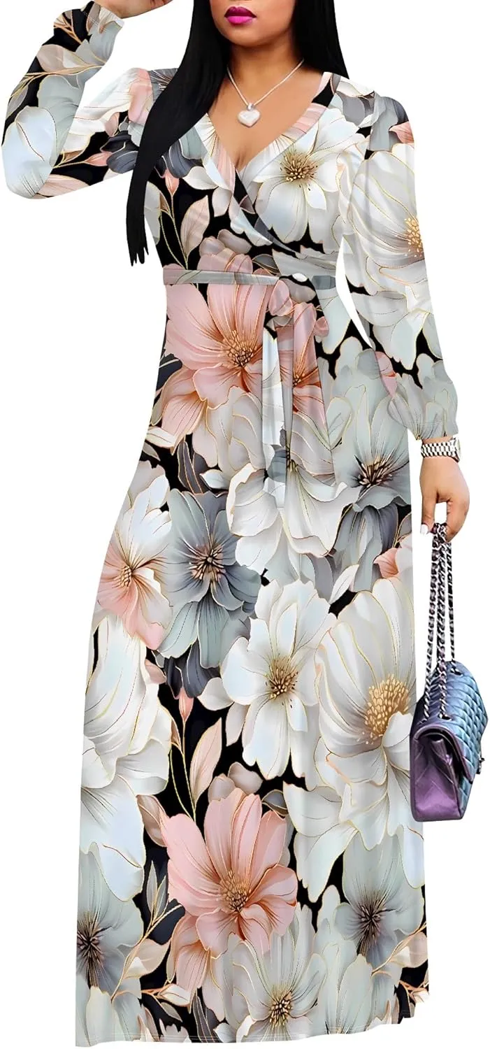 Plus Size Dresses for Women Floral Print Maxi Dress Flowy 3/4 Sleeve with Belt
