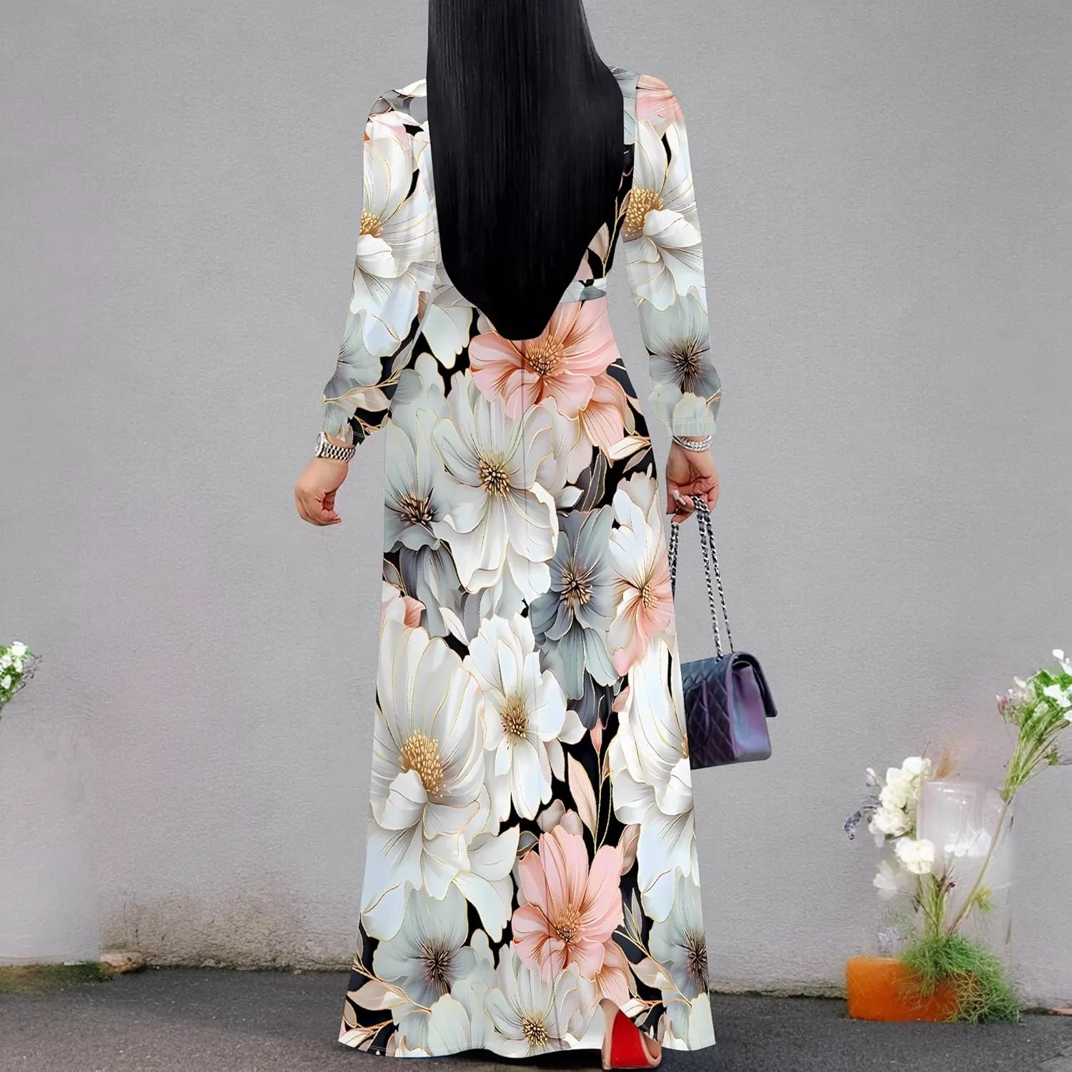 Plus Size Dresses for Women Floral Print Maxi Dress Flowy 3/4 Sleeve with Belt