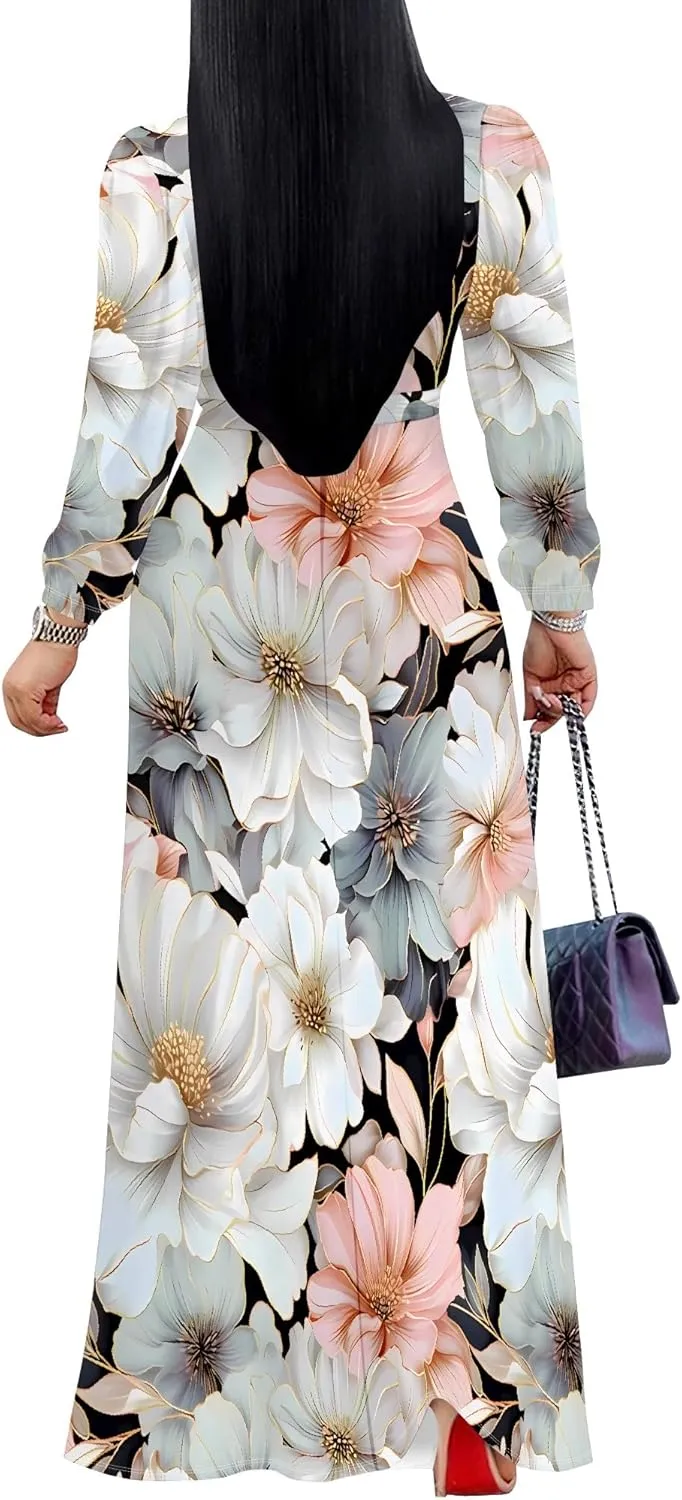 Plus Size Dresses for Women Floral Print Maxi Dress Flowy 3/4 Sleeve with Belt