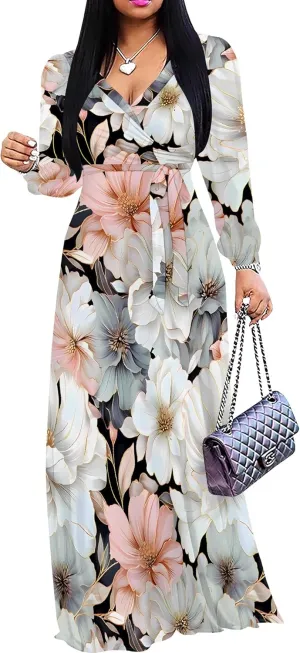 Plus Size Dresses for Women Floral Print Maxi Dress Flowy 3/4 Sleeve with Belt