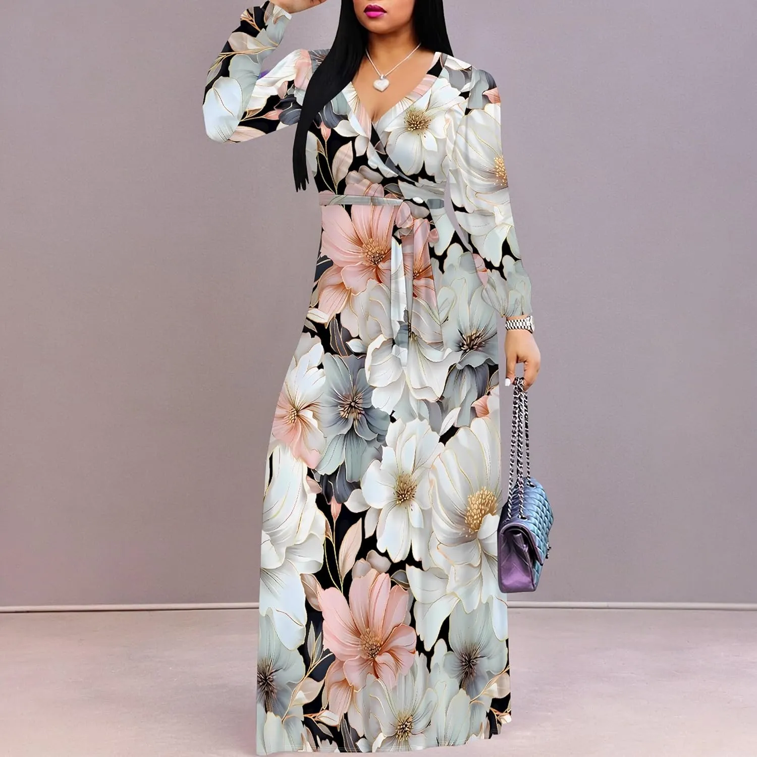 Plus Size Dresses for Women Floral Print Maxi Dress Flowy 3/4 Sleeve with Belt