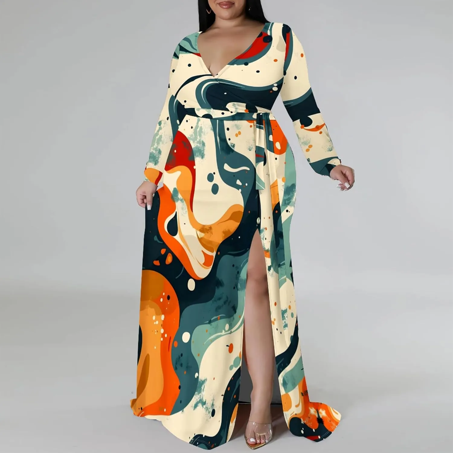 Plus Size Dresses for Women Floral Print Maxi Dress Slit Flowy 3/4 Sleeve with Belt