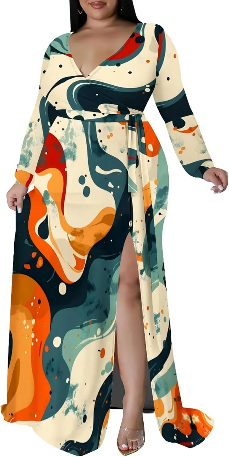 Plus Size Dresses for Women Floral Print Maxi Dress Slit Flowy 3/4 Sleeve with Belt