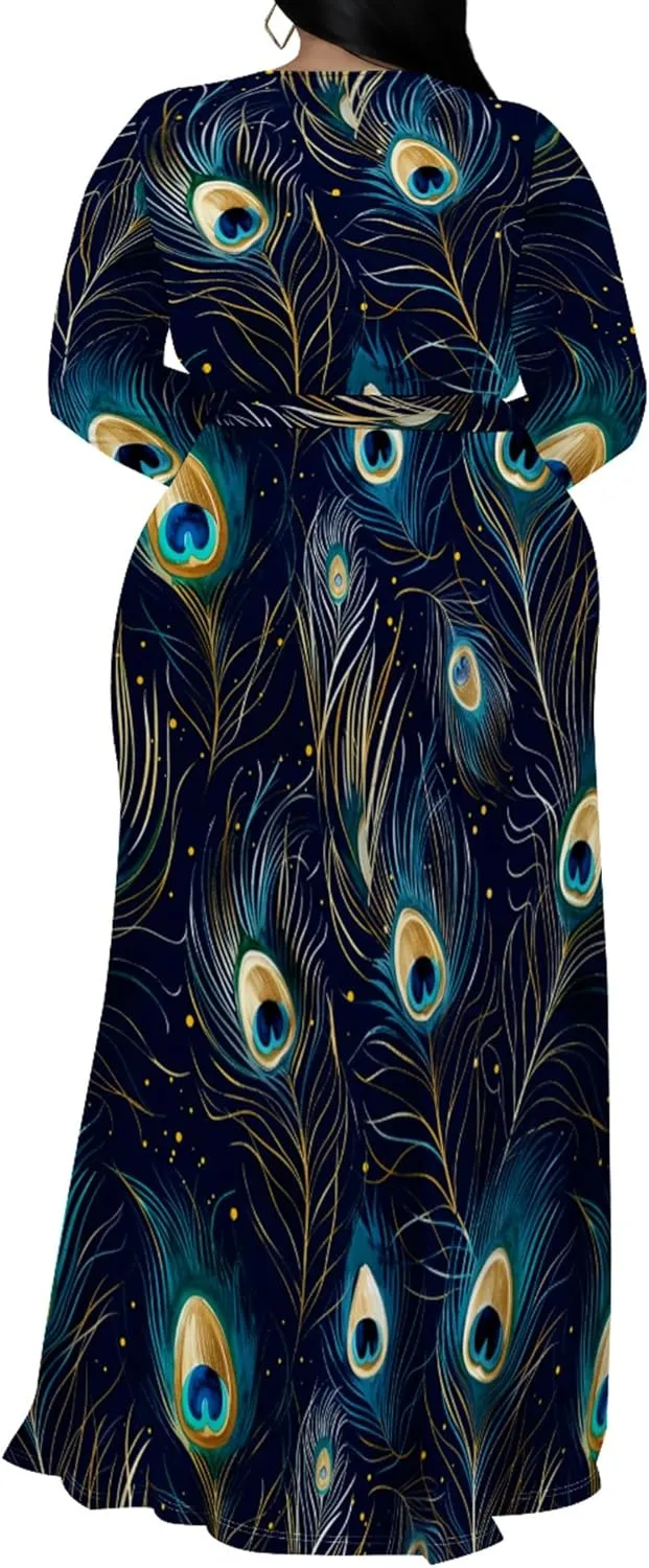 Plus Size Dresses for Women Floral Print Maxi Dress Slit Flowy 3/4 Sleeve with Belt