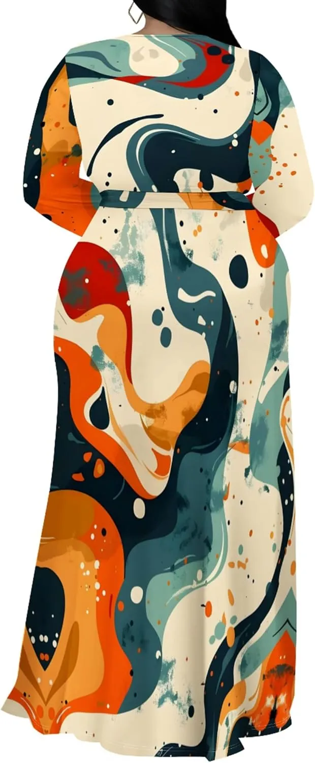Plus Size Dresses for Women Floral Print Maxi Dress Slit Flowy 3/4 Sleeve with Belt